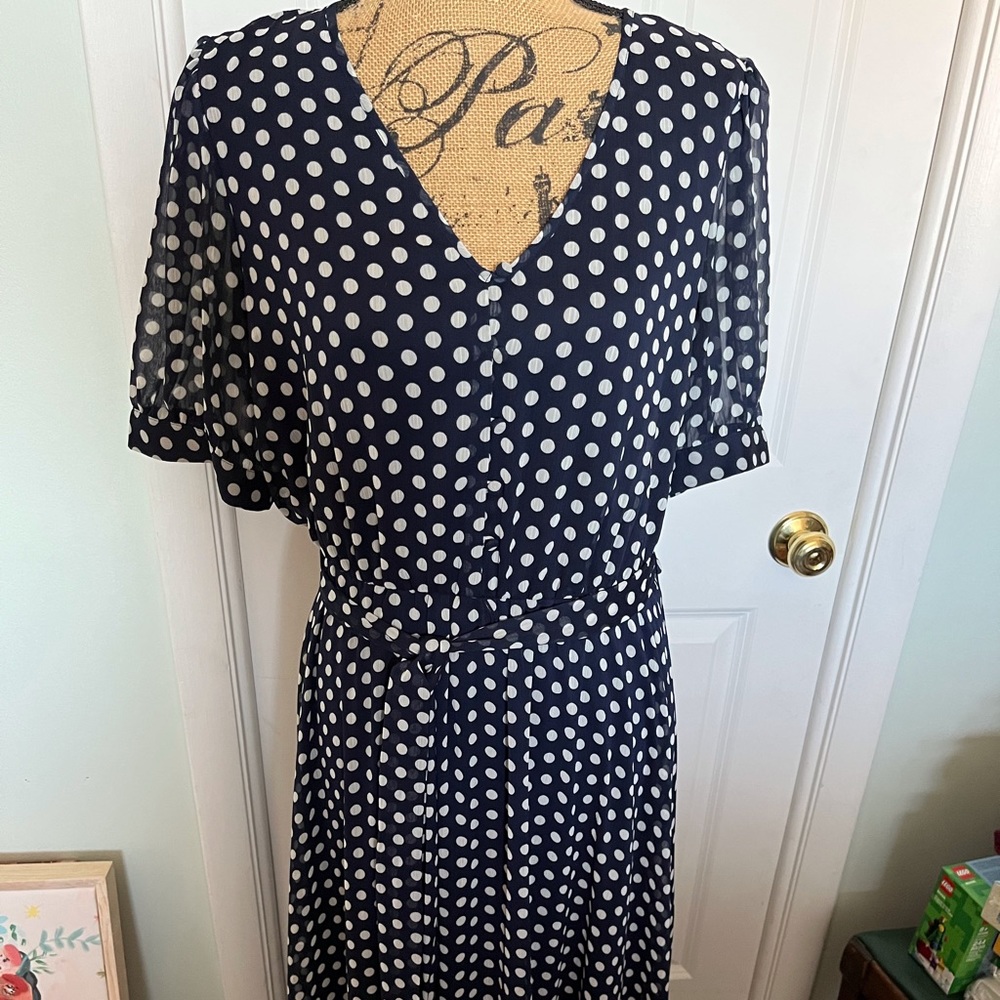 Calvin Kline dress, sz 12, Navy Blue polka dots